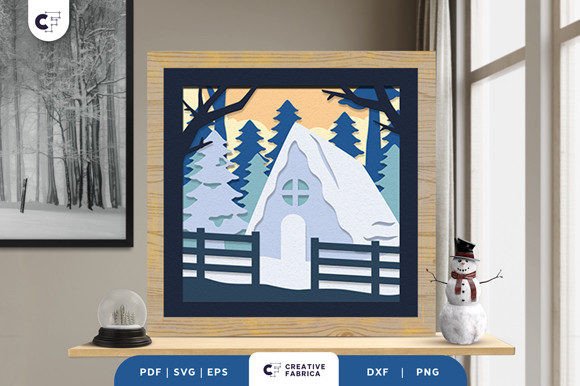 Snowy Village Shadow Box Paper Cut: A 3D SVG Winter Asset